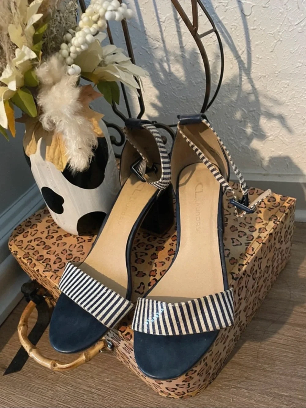 CL by Laundry Navy and White Striped Ankle Strap Block Heel Sandals